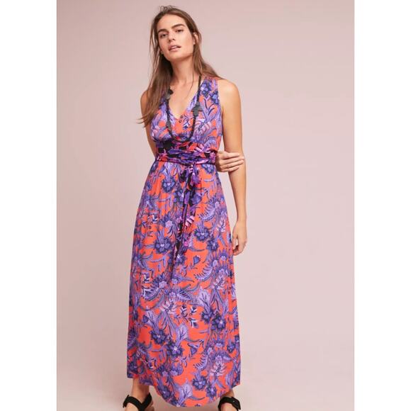 Anthropologie Maeve Macie Maxi Dress Sz 8 Floral Purple Red V-Neck NWT - Picture 1 of 10